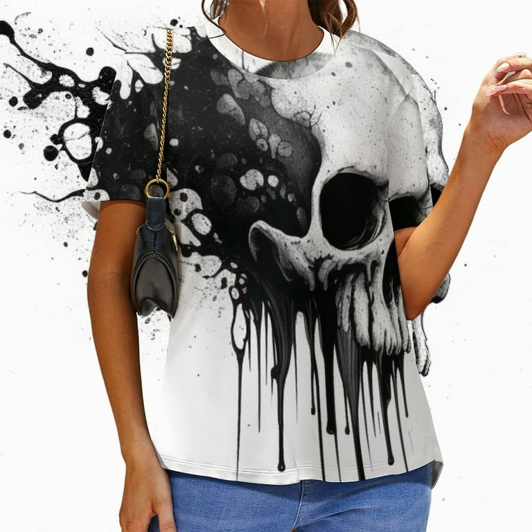 Full Print T-Shirt Skull All-Printed Black Women\'s Head and and Stylish Comfortable T-Shirt Half White Head