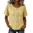 thumbnail image 2 of QUNYINEY Cotton Linen Casual Tops for Women Summer Short Sleeve Yellow T Shirts Crew Neck Embroidered Pullover Loose Fit Button Tops, 2 of 8