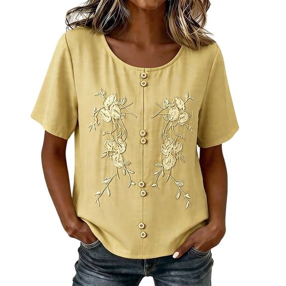 Zekutng Going Out Tops for Women Solid Color Round Neck Short Sleeve Casual Linen,Sizes M-4XL