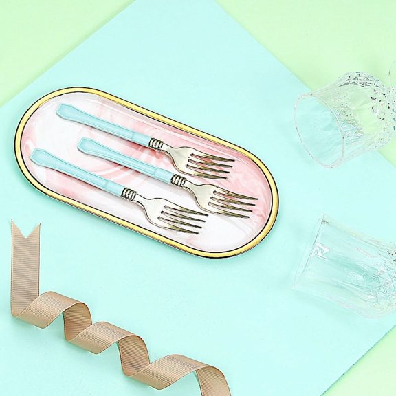 BalsaCircle 24 Pieces 7" Metallic Gold Plastic Forks Blue Handle Disposable Tableware Party