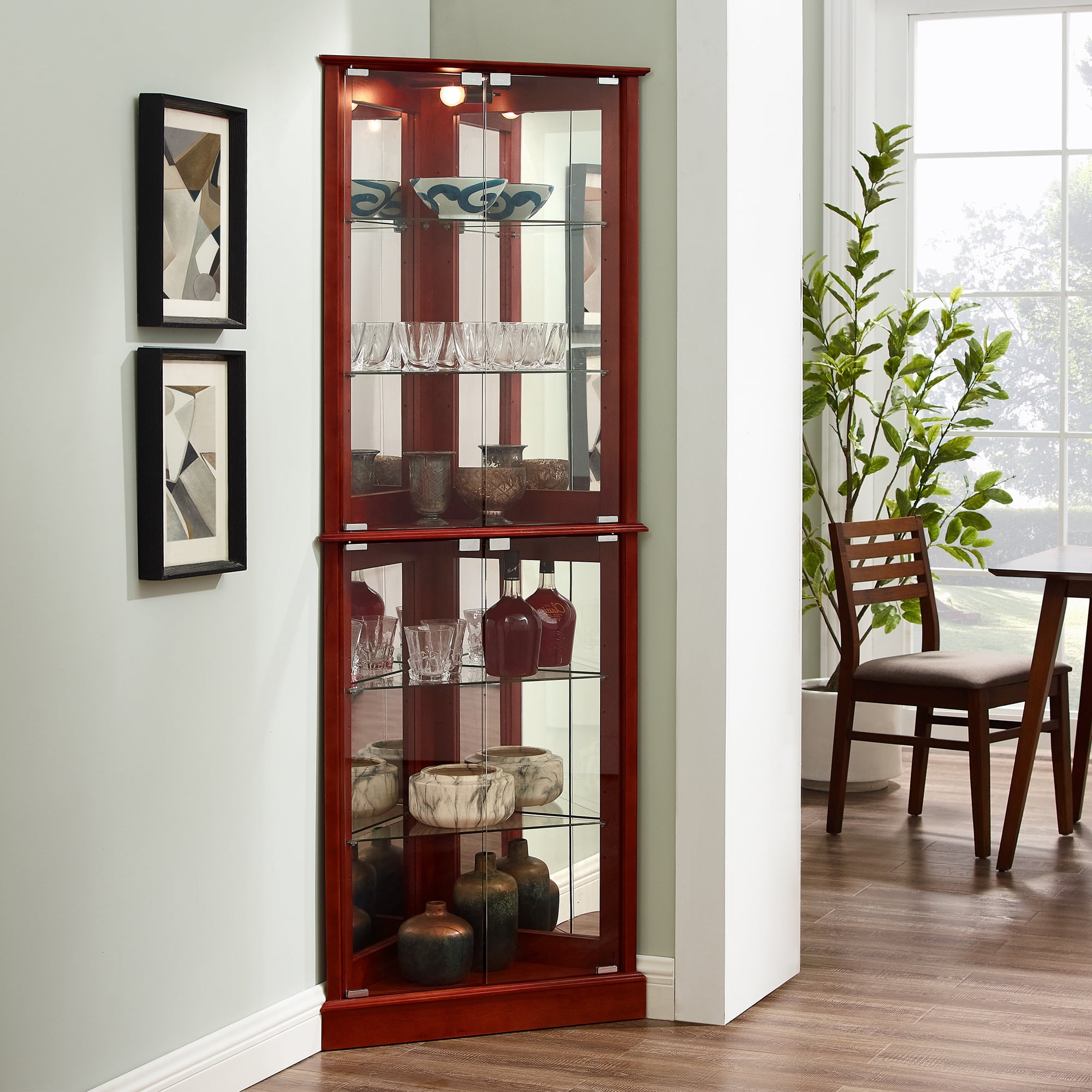 Miniyam 6 Tier Triangular Corner Curio Dispaly Cabinet with Lights,Adjustable Tempered Glass Shelves,E26 light bulb not included,Cherry