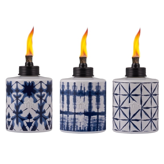 TIKI Glass Tie-Dye Tabletop Torches, 3-Pack – Decorative Outdoor Citronella Torches for Patio & Garden, 5.75", Blue