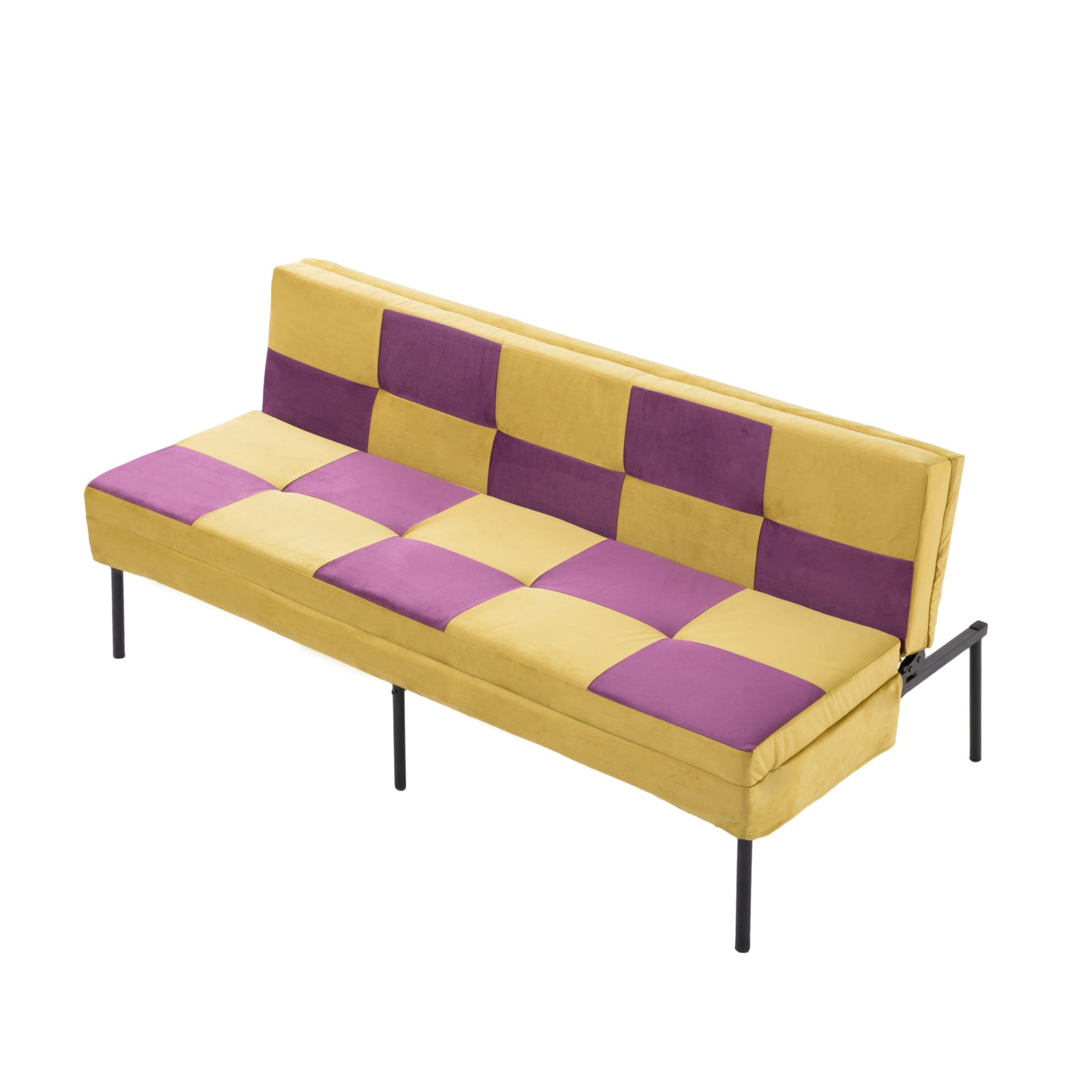 DEALTOPS 63" Checkered Velvet Futon, 2-in-1 Dual-Tone Convertible Sleeper Sofa with 5-Position Recline, Yellow