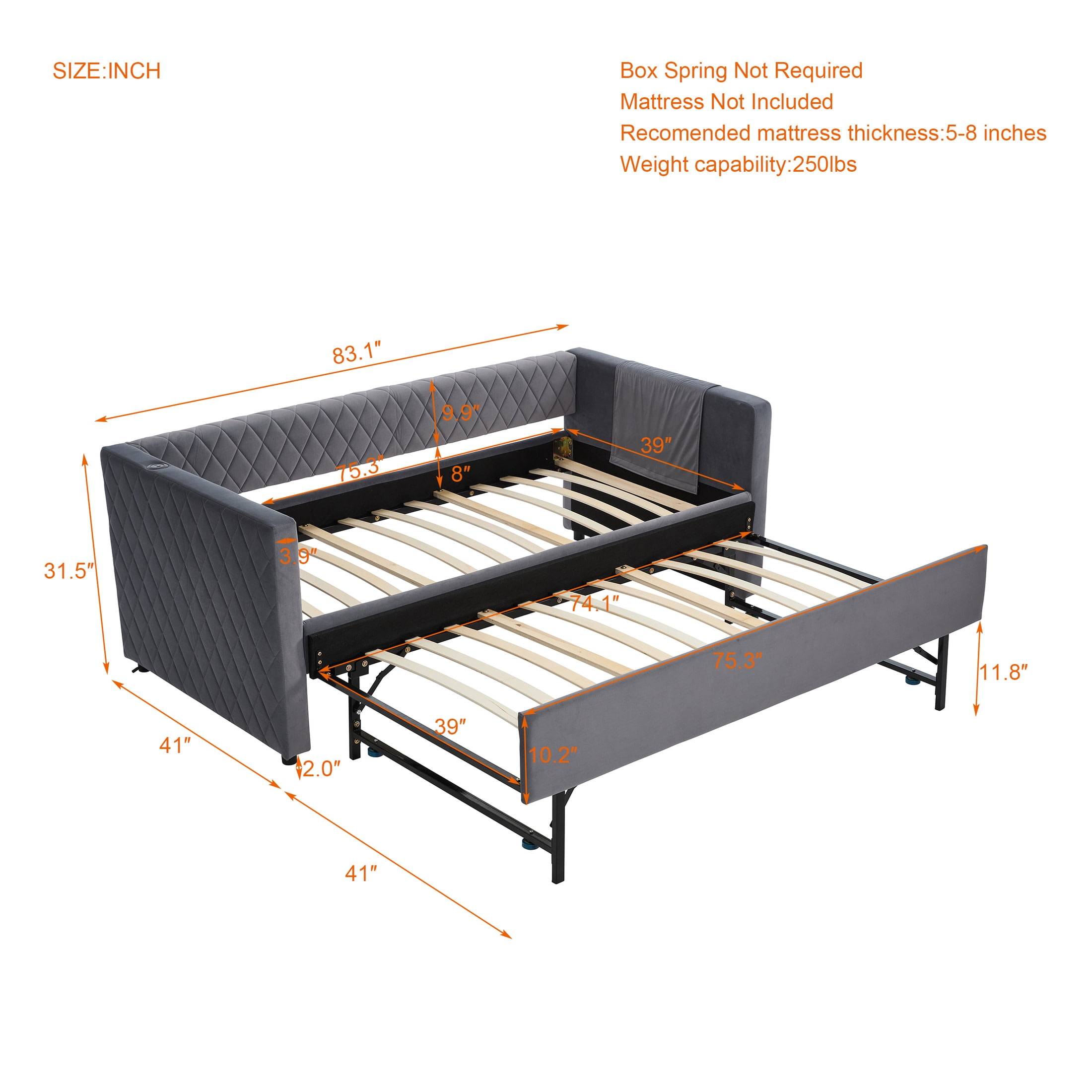 Noble House Velvet Daybed with Trundle, Wooden Frame and Diamond Grid Upholstery, Modern Living Room, Gray