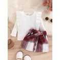 thumbnail image 3 of Bagilaanoe 2Pcs Toddler Baby Girls Skirt Set Ribbed Long Sleeve T-shirt Tops + Plaid Skirt with Belt 9M 12M 18M 24M 3T 4T Kids Casual Outfits, 3 of 9
