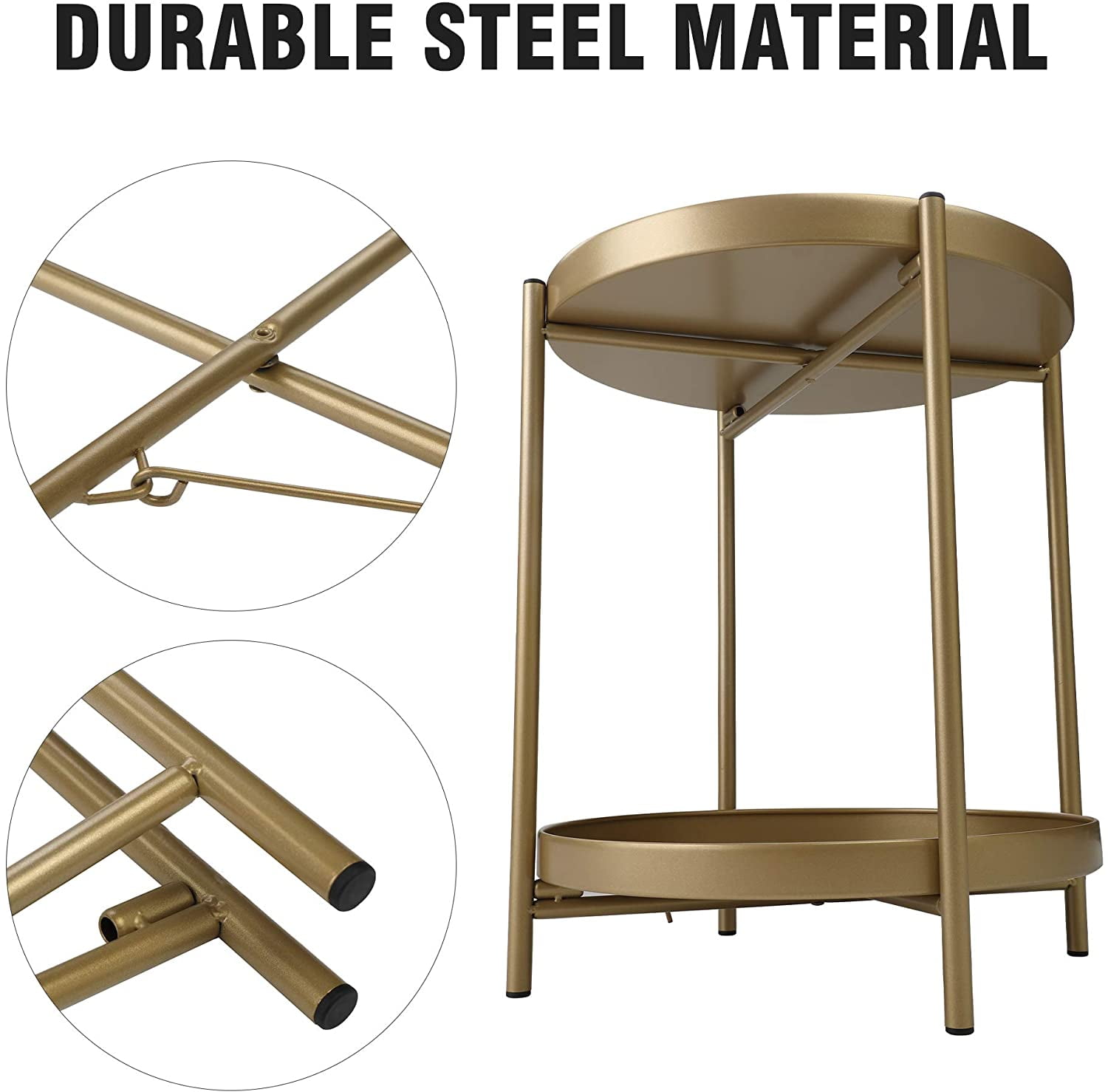 2-Tier Tray End Table, Round Metal Side Table, Folding Accent Coffee Table for Home and Kitchen, Gold