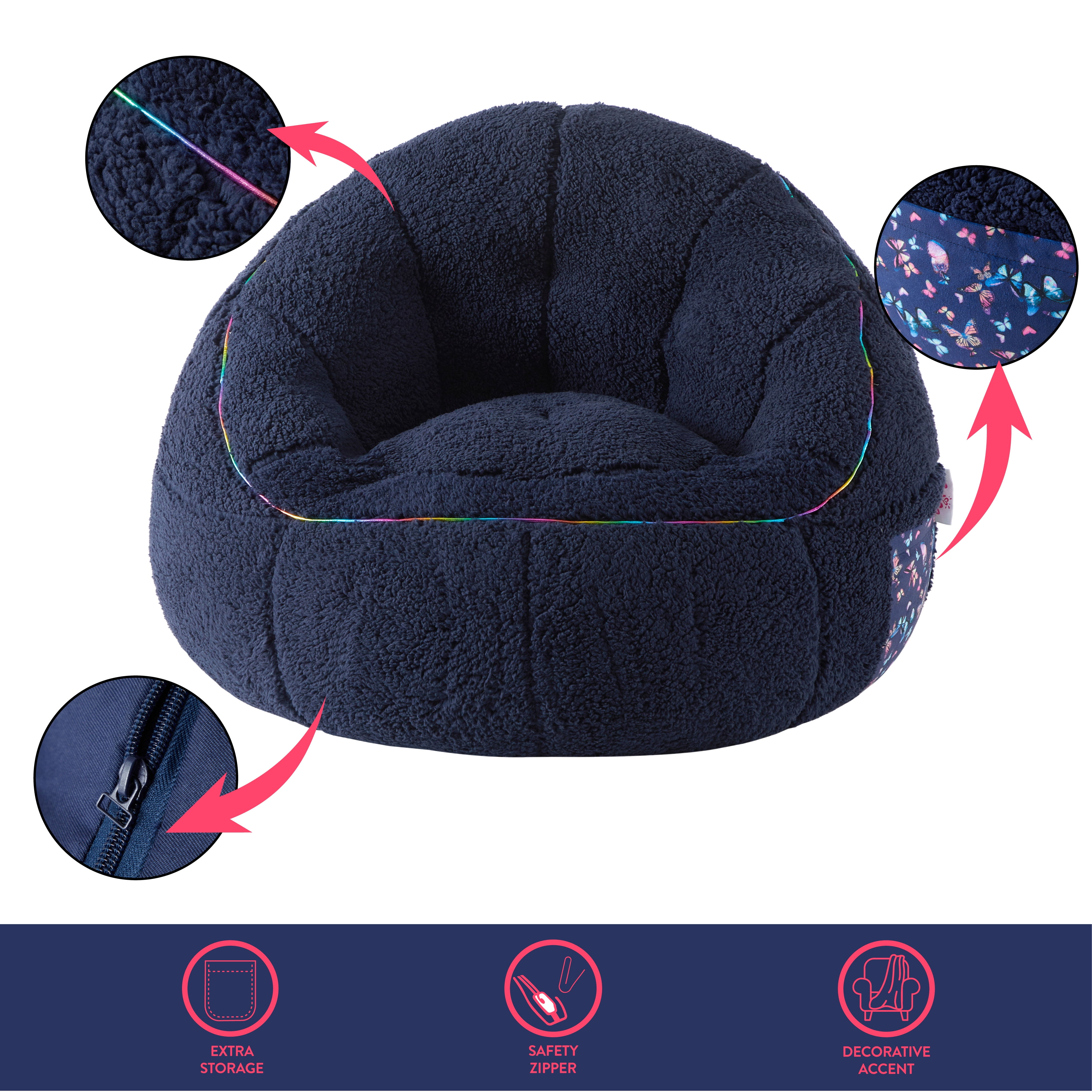 Room Revival, Kids' Super Soft Teddy Sherpa Bean Bag Chair with Pocket, Navy