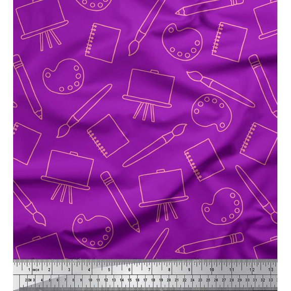 Soimoi Purple Heavy Satin Fabric Canvas & Paint Brush Art & Craft Print Fabric by the Yard 54 Inch Wide
