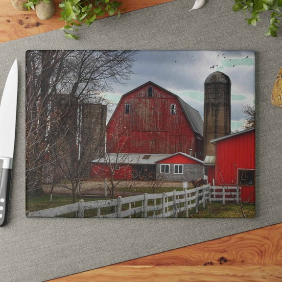 U R There Photography Peck Red Rustic Farmhouse Tempered-Glass Cutting Board 11"x 15"