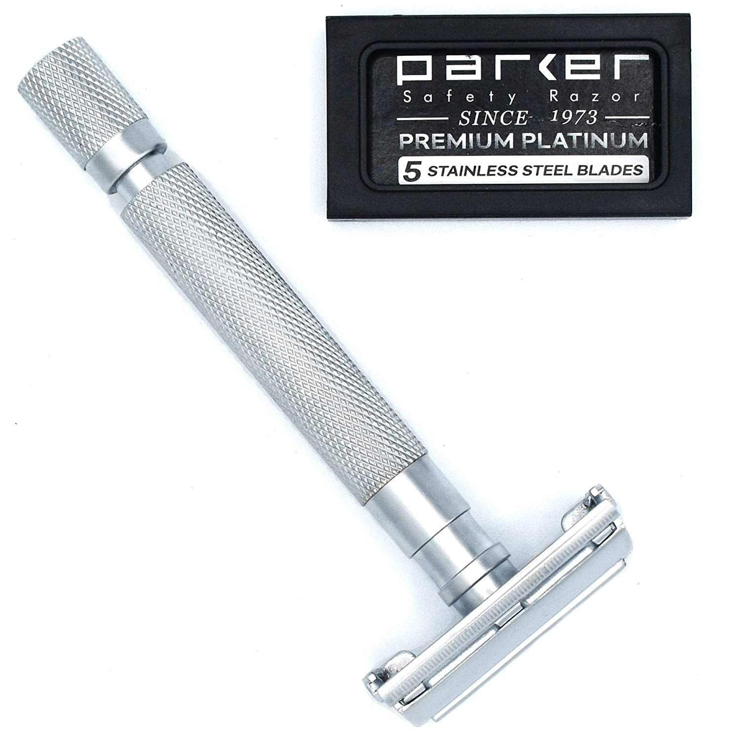 Parker Safety Razor 74R Butterfly Twist-to-Open Double Edge Safety Razor with 5 Parker Platinum Blades (Satin Chrome)