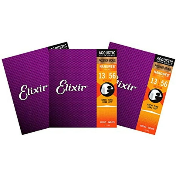 Elixir Phosphor Bronze Nanoweb 16102 Medium 13-56 Acoustic Guitar Strings 3-Pack w/Bonus Elixir Pick
