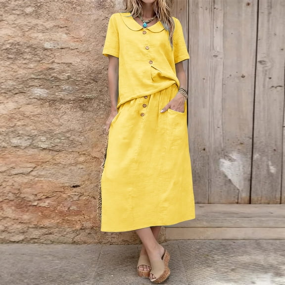 Uootdi Womens Two Piece Sets Peter Pan Collar Short Sleeve Top High Waist Skirt Midi Skirts Outfits Casual Boho Style Gift