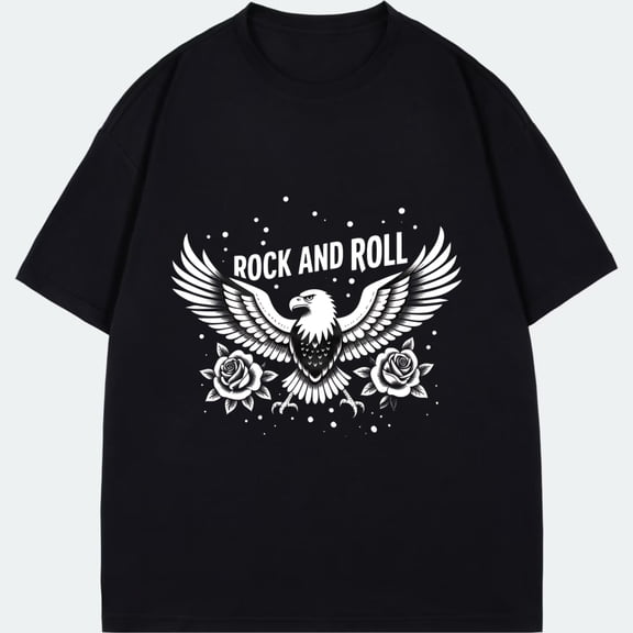 Rock And Roll Eagle Rose Print T Shirt Black Casual Streetwear Fashion Top For Men Women Music Festival Party Wear