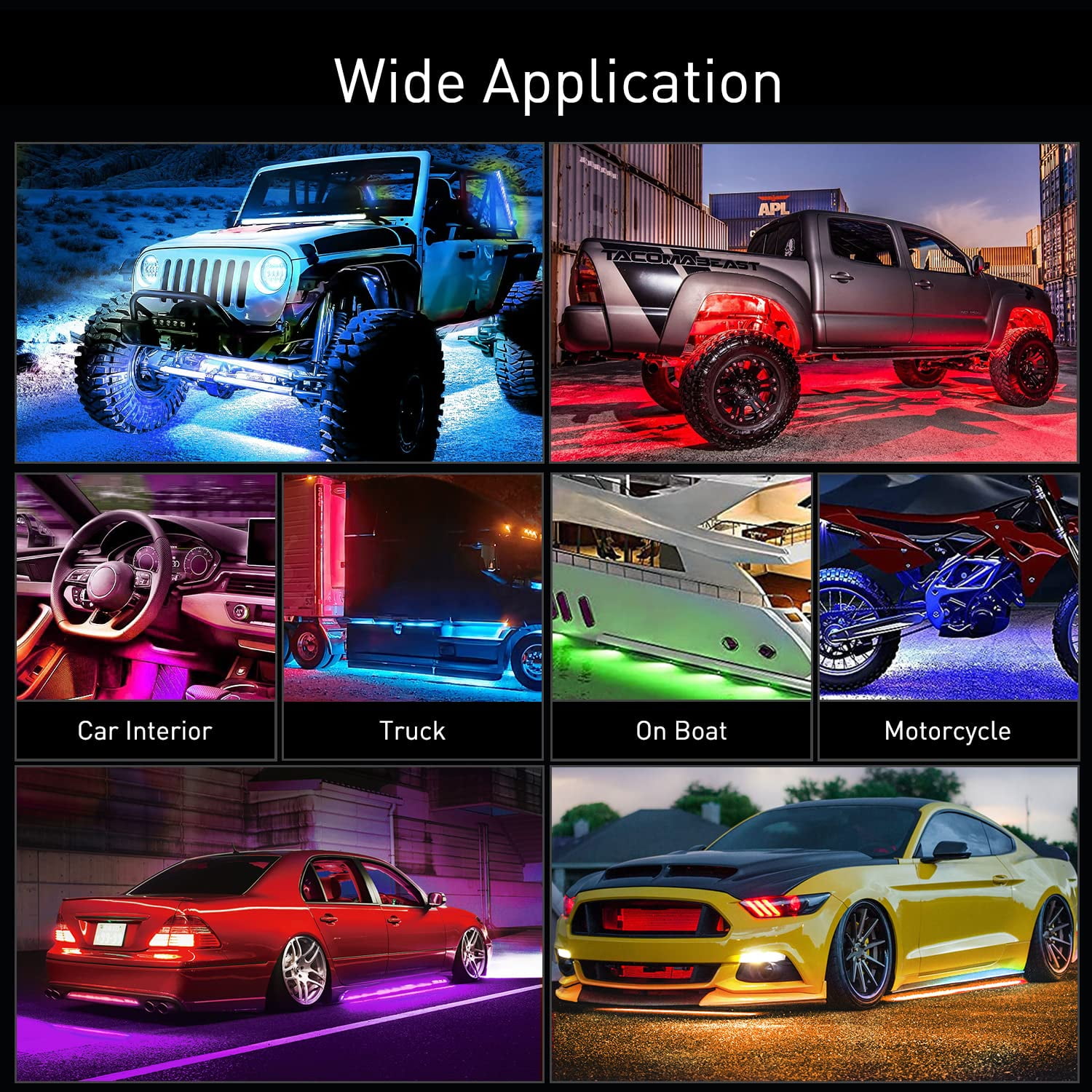 AUTOXBERT 4Pcs Car Underglow Neon Accent Strip Light LED RGB Multi Color DIY APP Function