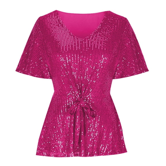 Fartey Sequin T Shirts for Women 2025 Trendy Elegant V Neck Belted Tops Dressy Casual Short Sleeve Party Shirts Summer Solid Color Tunic Blouses Hot Pink S-2XL