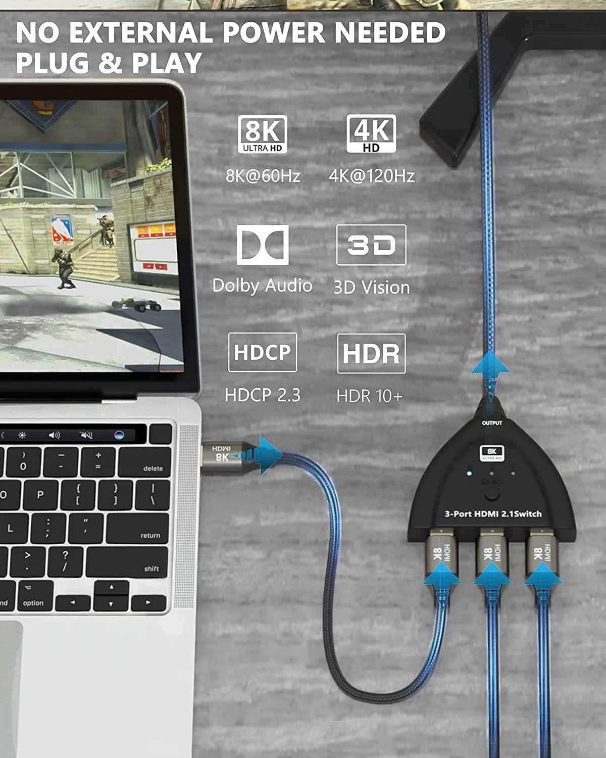 Commutateur HDMI 2.1 3 Ports - 8K@60Hz, 4K@120Hz - 3 Entrées / 1 Sortie - Compatible PS5, Xbox, PC - VRR, ALLM, HDR - Câble 0.5m Inclus