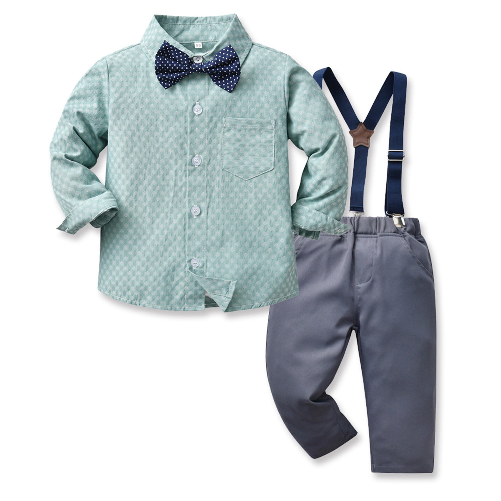 ZXHACSJ Toddler Baby Boys Gentleman Bow Tie Solid T-Shirt Tops+Suspender  Pants Outfits Cyan 110
