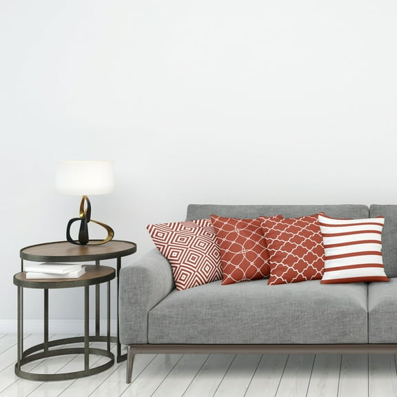 Modern Throw Pillow Cushion Case Pack of 4, Minimalist Quatrefoil Nested Squares Stripes Oriental Circle Mesh Pattern, Modern Accent Double-Sided Printing, Vermilion and White, 5 Sizes, by Ambesonne