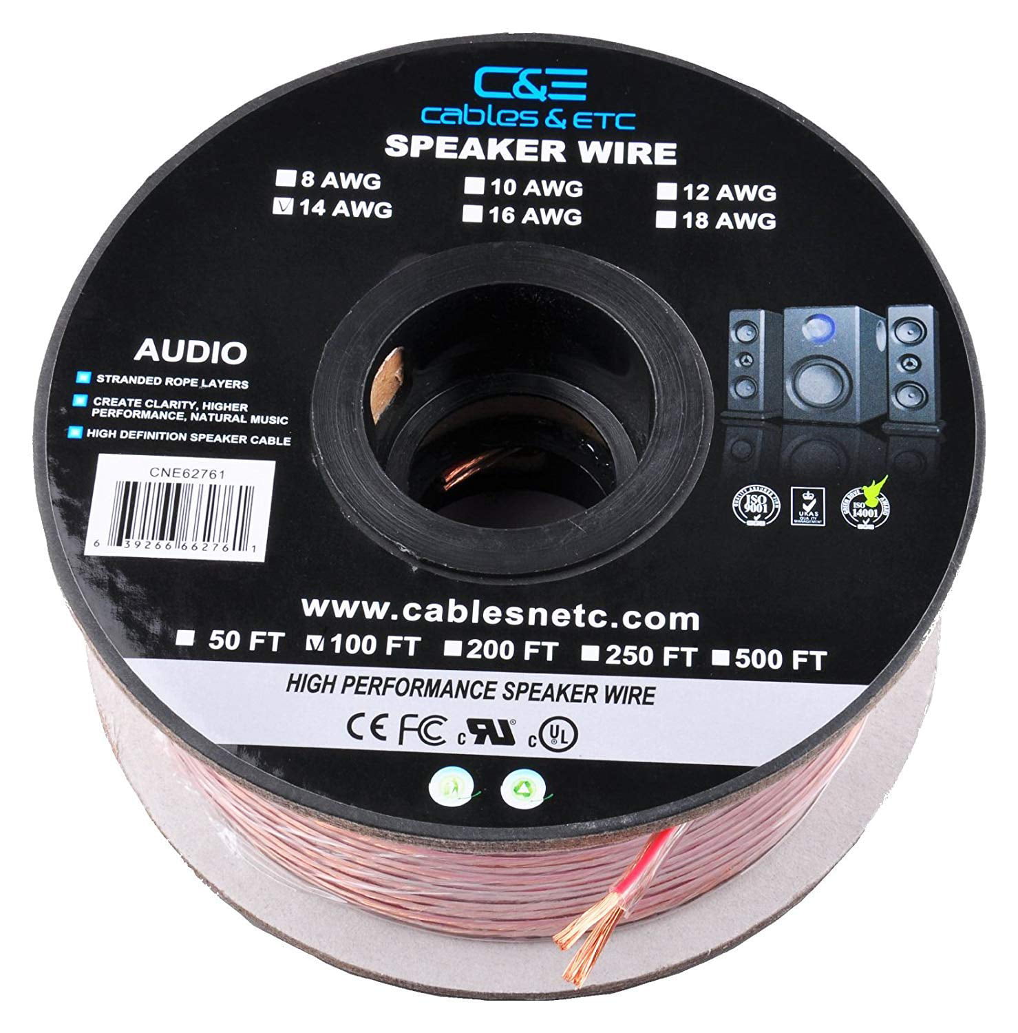 100ft 100 Feet / 30 Meter Pro Series 14 Gauge AWG 99.9% Oxygen Free Copper Speaker Wire Cable with Clear PVC Jacket & Polarity Stripe 30m Great Use for Home Theater Speakers and Car Speakers 