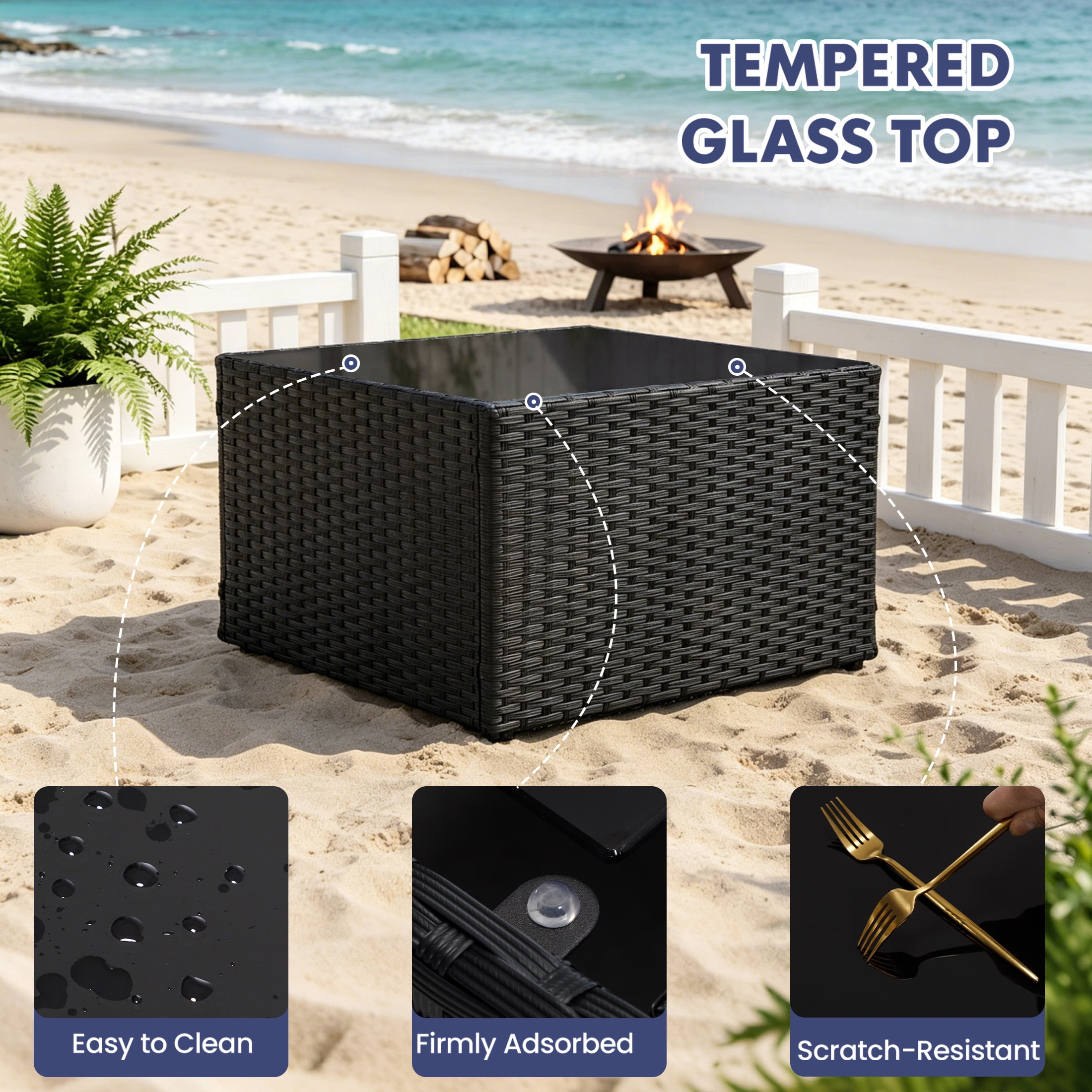 EDX 7 Piece Outdoor Wicker Patio Furniture Set, PE Rattan Sectional Conversation Set with Tempered Glass Coffee Table, Washable Cushions & Pillows for Backyard, Garden, Poolside, Black