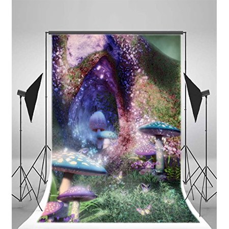 Mushroom Lane - MOHome Polyster Photography Fairy Tale Backdrop 5x7ft Fantastic Mushroom Tree Hole Grass Land Background Little Girl Children Baby Kids Portraits Video Studio Props