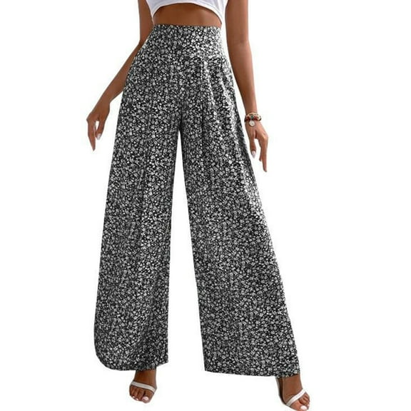 Lojalitet Women Loose Flared Pants Elastic High Waist Floral Print Casual Lady Wide Flare Leg Trousers for Daily Travel Dating Black XL