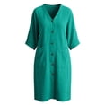 thumbnail image 7 of Zynoxe Womens Cotton Linen Dresses Summer V-neck 3/4 length sleeve Button Down Midi Dresses Lounge Peasant Gauze Business Work Dresses with Pockets Green XL, 7 of 7