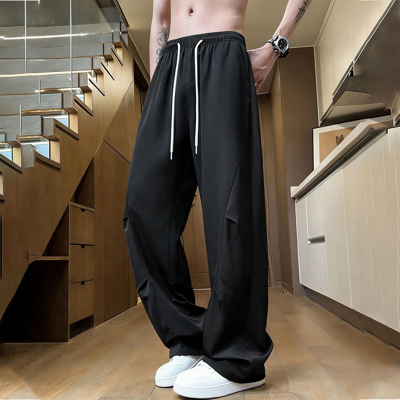 Xdegoge Mens Wide Leg Pants Baggy Loose Fit Elastic Waist