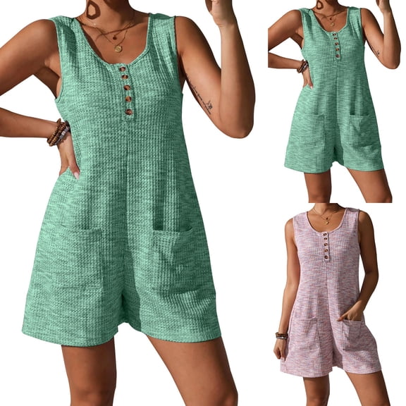 Fengqque Womens Waffle Rompers Summer Sleeveless Round Neck Button Overalls Shorts Jumpsuit with Pockets Pink 10(XL)