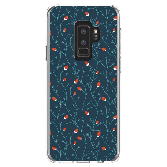 DistinctInk Clear Shockproof Hybrid Case for Samsung Galaxy S9  PLUS (6.2" Screen) - TPU Bumper, Acrylic Back, Tempered Glass Screen Protector - Modern Floral - Strawberry Vine - Teal Navy