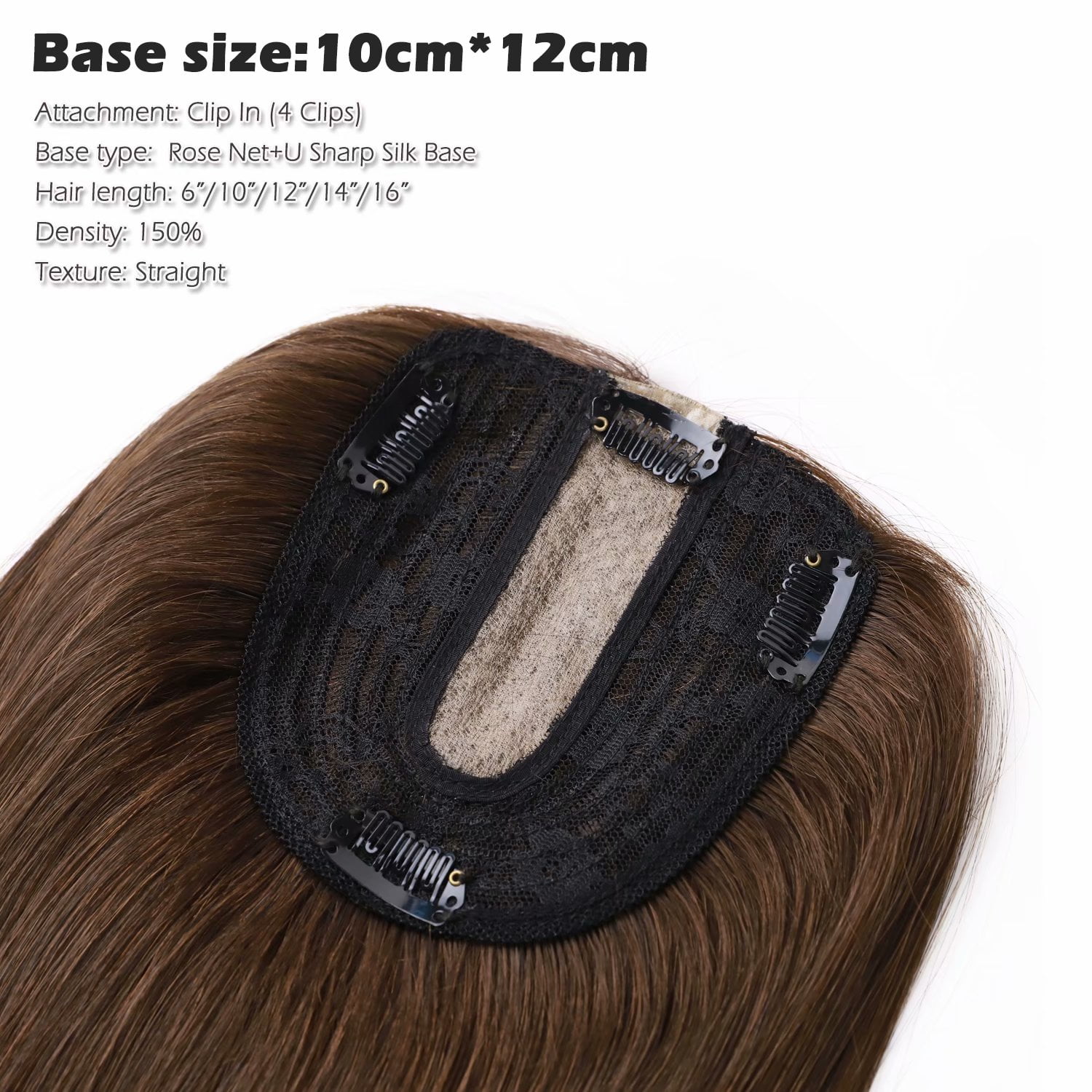 Benehair 100% Human Hair Extensions Clip In Topper Toupee Hairpiece Silk Base for Women Remy Hair 6"-14" Brown US