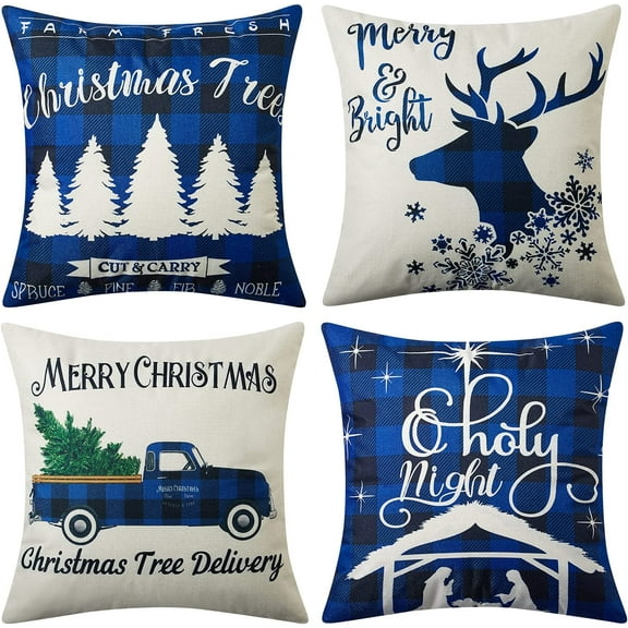 Christmas Pillow Covers, 18x18 Inch Black and Blue Farmhouse Buffalo Plaid Throw Pillow Cases, Cotton Linen Xmas Cushion Covers for Sofa Couch Holiday Christmas Decorations Set of 4