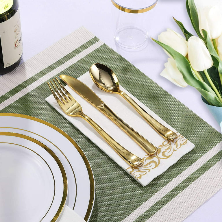 Focus Line 102 Piece Plastic Party Plates White Gold Rim, Disposable Heavy Duty Wedding Plates, 51pcs 10.25 inch Gold Rim Dinner Plates and 51pcs
