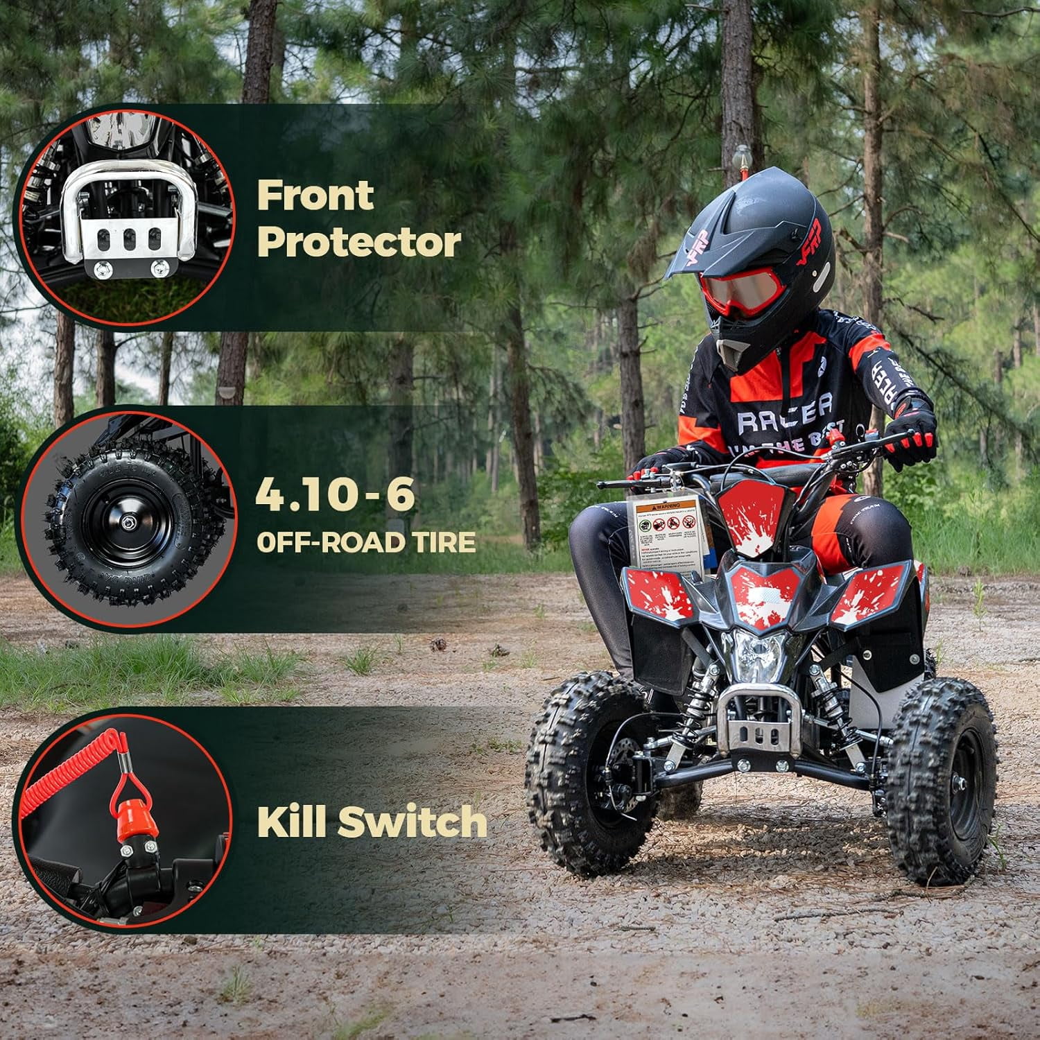 FRP 40cc Gas Powered Off-Road Bike, 4-Stroke Engine, Up to 15 MPH, Ages 13+, Adjustable Speed Control, Front & Rear Disc Brakes, Pull Start