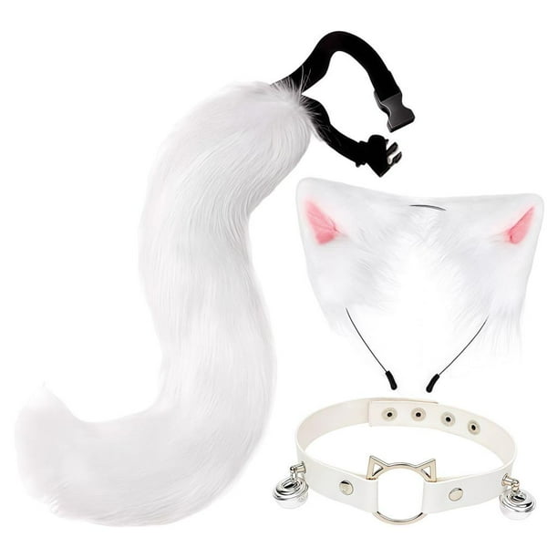Conjunto de orejas y cola de gato y zorro con cascabel para disfraz de carnaval Blanco