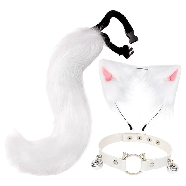 Conjunto de orejas y cola de gato y zorro, diadema con aro y cascabel para cumpleaños, juegos de rol y carnaval. Blanco