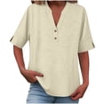 thumbnail image 2 of BRGZLK Women's Linen Shirts Fashion Button Down V Neck Solid Color Loose Fit 3/4 Sleeve Trendy Comfy Blouse Casual Vacation Outfits Beige XL, 2 of 6