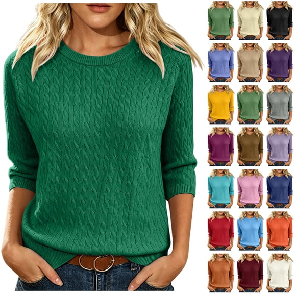 WULMLEO Women's Cable Knit Sweaters Crewneck Three Quarter Sleeve Soft Pullover Tops Dark Green S