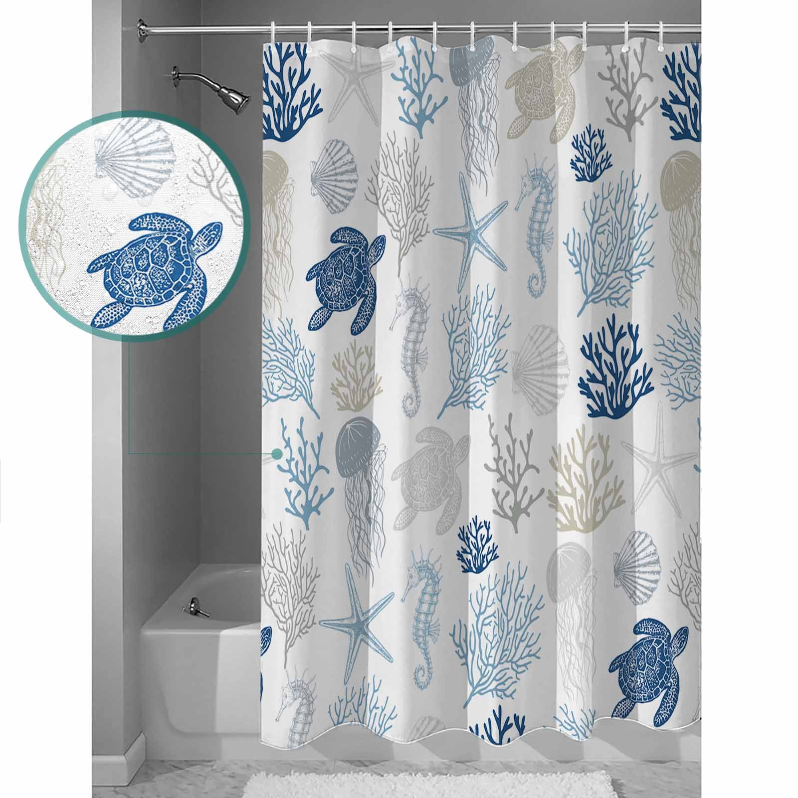 Navy Blue Coastal Waterproof Fabric Shower Curtain, Nautical Summer Beach Coral Sea Turtle Shower Curtain for Bathroom Curtains Bathtubs Hotel Washable Shower Curtains with 12 Hooks Extra Long 72x96