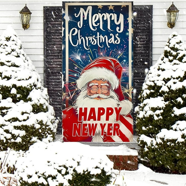 xihome Decoracin navideña grande para puerta, tela de polister, fondo para fiestas navideñas, celebracin de invierno y Año Nuevo, 78,7 x 35,4 pulgadas