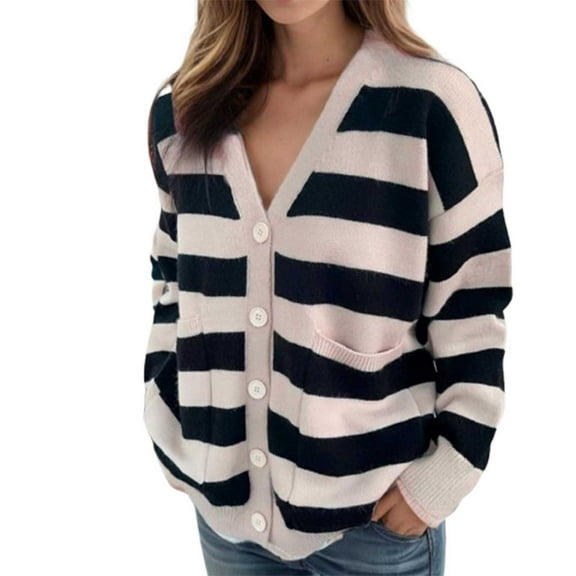 Womens Oversized Striped Cardigan V-Neck Button Open Front Knit Sweater Casual Soft Comfy Loose Knitted Coat Pockets (Black L)