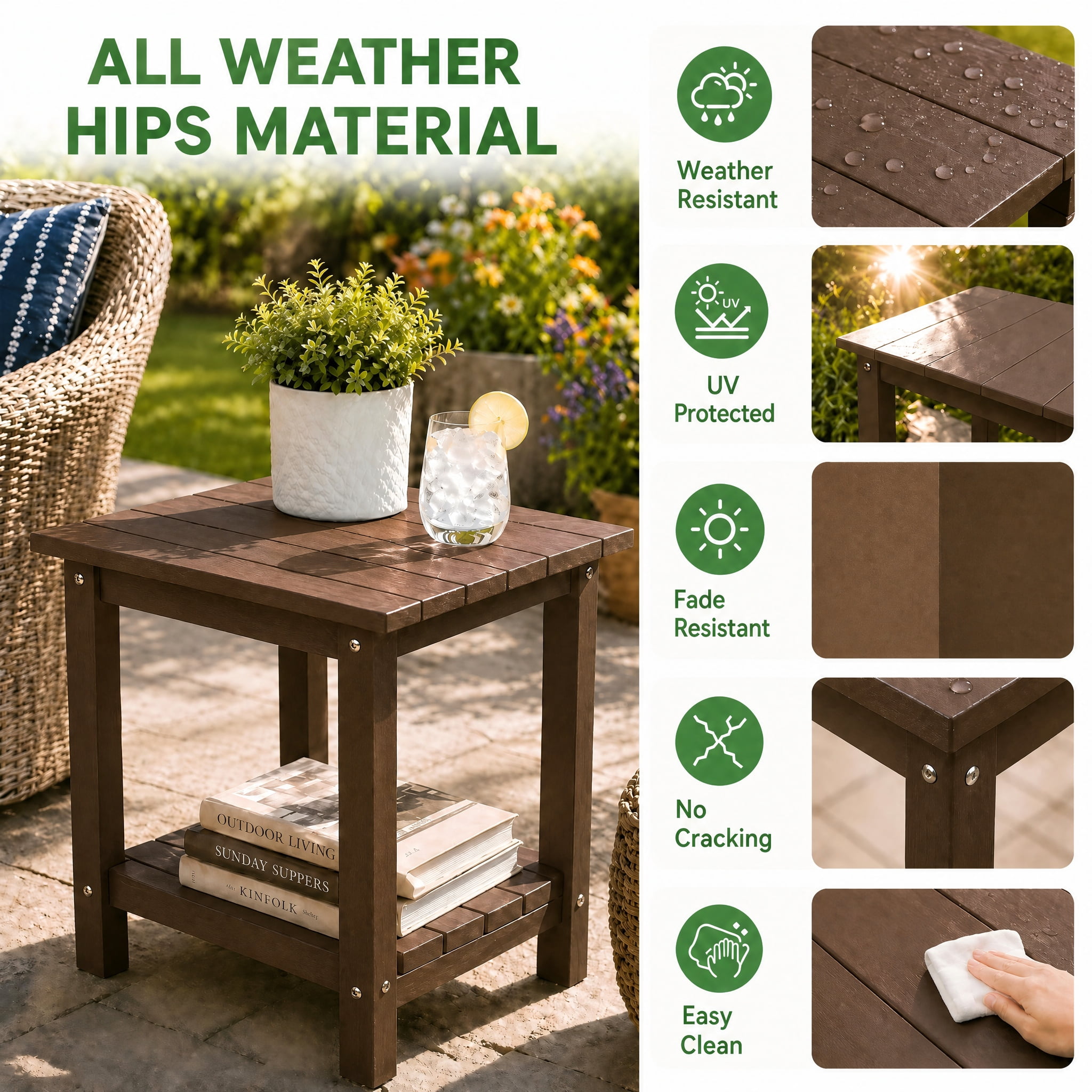 Y&M Outdoor Side Table, HIPS Adirondack Small Double Layer Table, Waterproof Square Balcony Modern End Tables for Patio, Pool, Beach, Porch, Deck, Indoor or Outdoor Use, Coffee