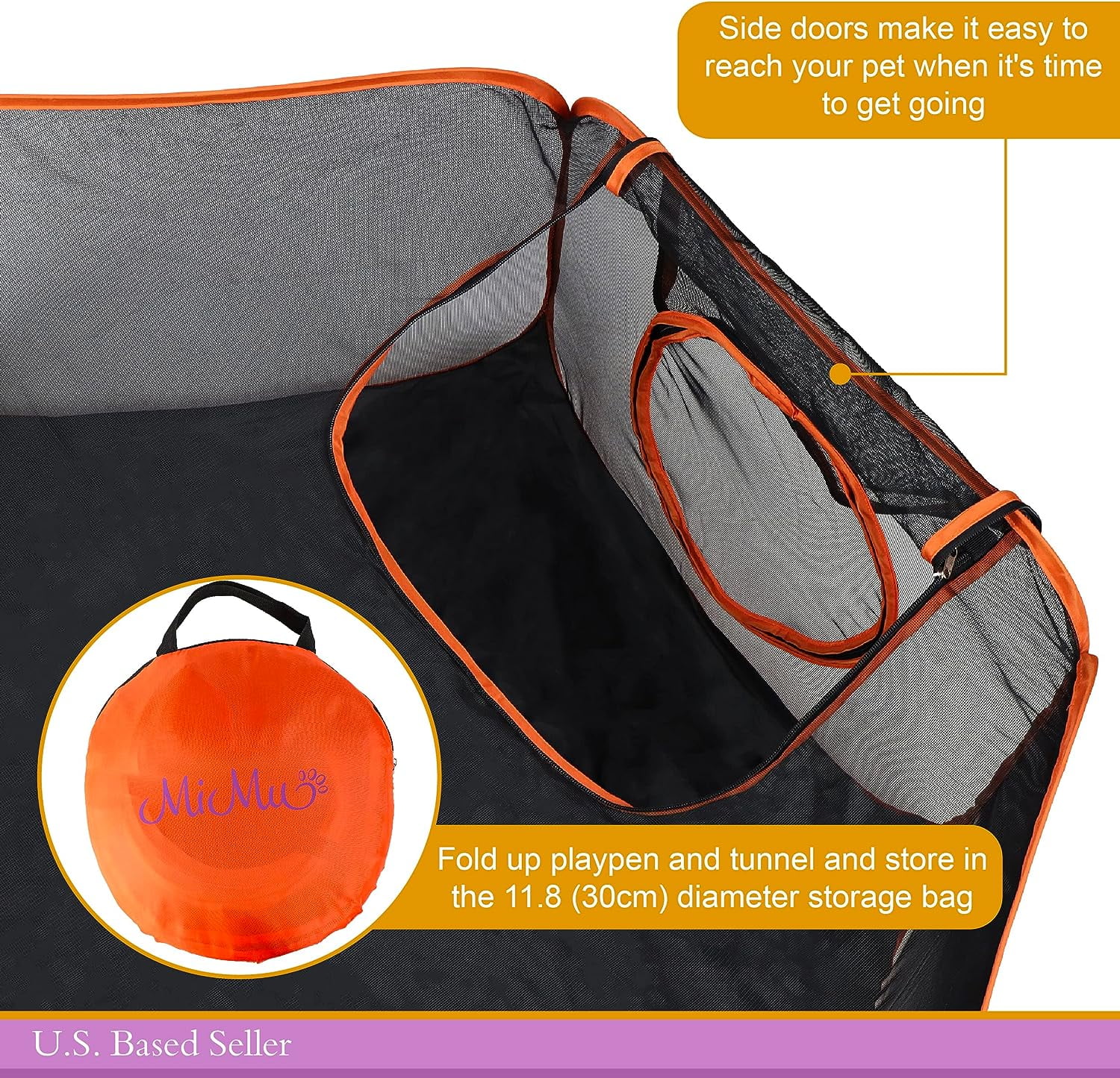 Dog Playpen Indoor Outdoor 4 Foot  Tent with Exercise Tunnel - Orange   Travel Playpen for Puppies, Kittens, Rabbits, Guinea Pigs, and Small Pets - Portable Enclosed Mesh Pen with