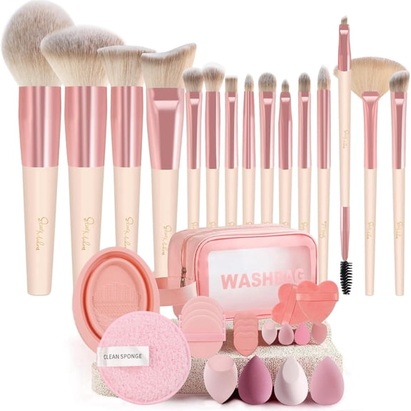 15PCS Makeup Brush Set with 19PCS Beauty Blenders & 1 Brush Cleaner, 1 Storage Wash Bag – Professional Foundation, Blush, Contour & Eyeshadow Makeup Brushes Kit
