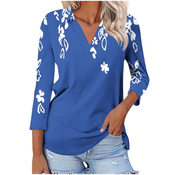 Camiseta de Solapa de Cuello en V de la Manga Superior de 3/4 de las Mujeres, Uso Diario Cómodo Casual