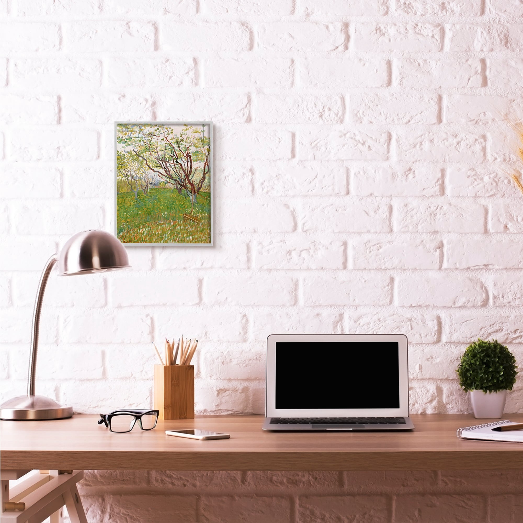 Stupell Industries Orchard Field Green Brown Van Gogh Classical Painting Gray Framed Art Print Wall Art, 16x20, by Vincent Van Gogh