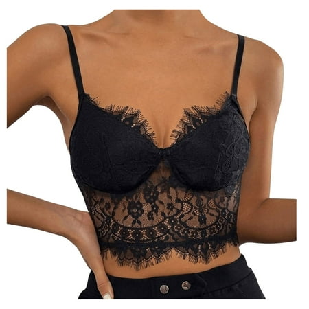 

Women Solid Color Mesh Sleeveless Bustier Eyelash Lace Crop Cami Top