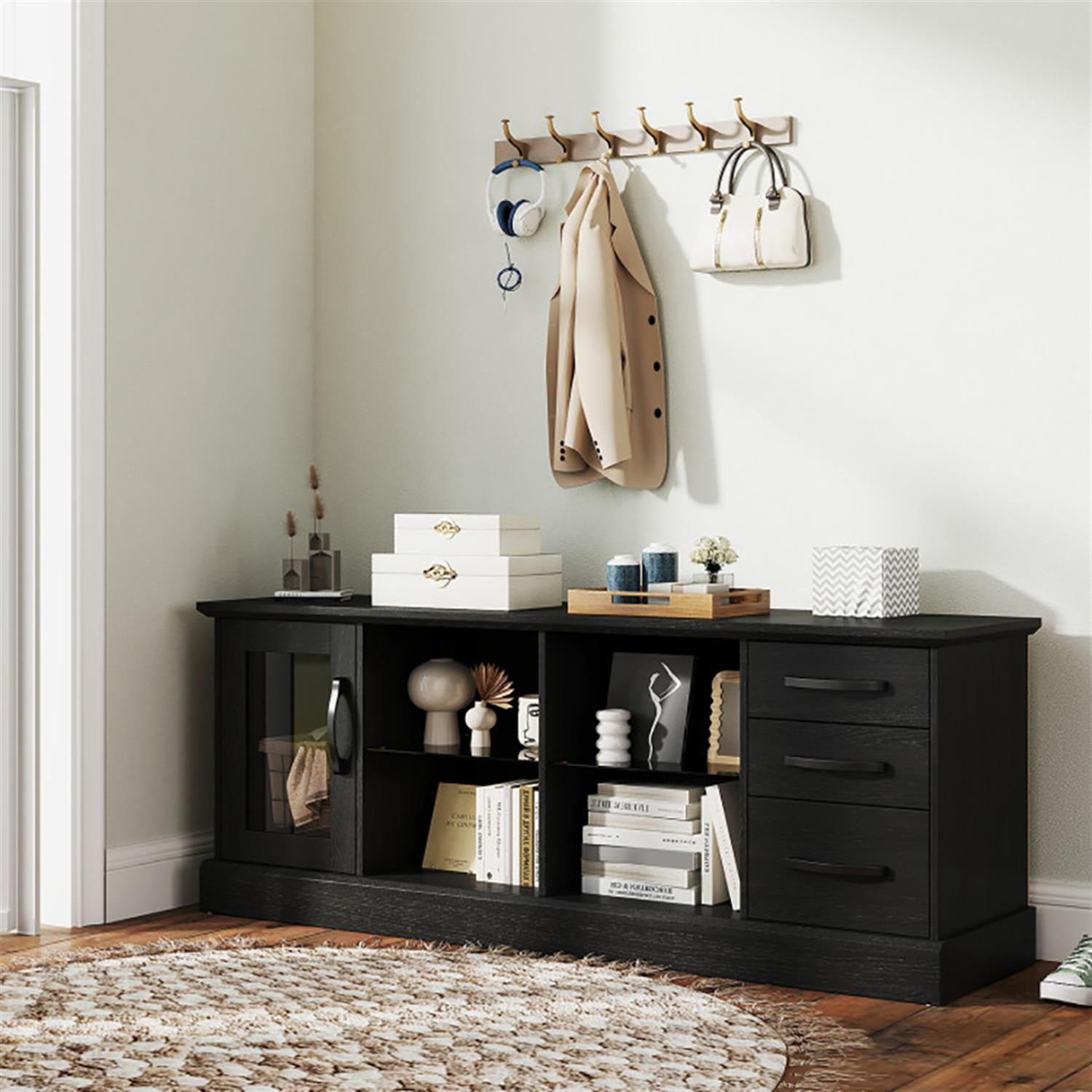 Demi Bonn TV Stand for 65" TVs, Entertainment Center with 3 Drawers and 2 Glass Shelves, Modern Media TV Console Table for Living Room Bedroom, Black