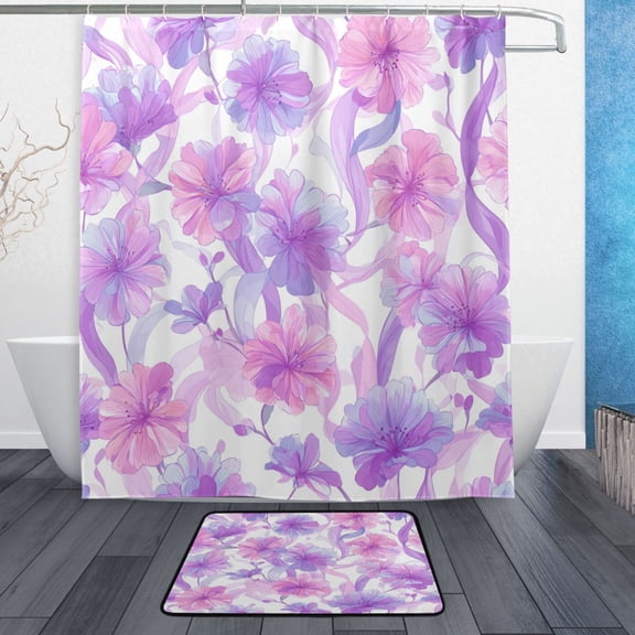 TTYFWHD 60" x 72" Shower Curtain and Bath Mat Set Light Pink Peach Blossoms Waterproof Bathroom Curtain with 12 Hooks, Bathroom Decor Set