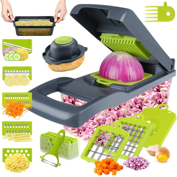 16 in 1 Vegetable Chopper w/Container & Drain Basket,Zacenei Multifunctional Food Chopper Veggie Cutter Salad Fruit Dicer Potato Grater Slicer with 7 Blades,Onion Mincer Chopper Kitchen Essentials
